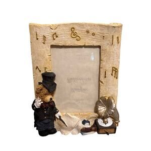 Vintage Resin? Teddy Bear Music Picture Frame Photo Holder Standing 3.5x5 Pics